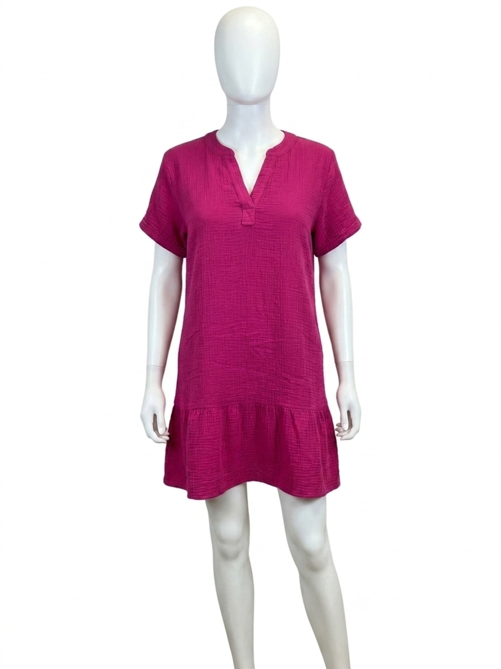 NEW BOBI split neck ruffle hem dress in fuchsia